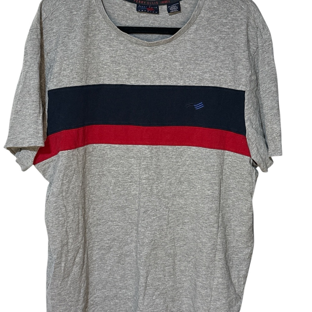 Perry Ellis Gray Tee with Red and Blue Stripes